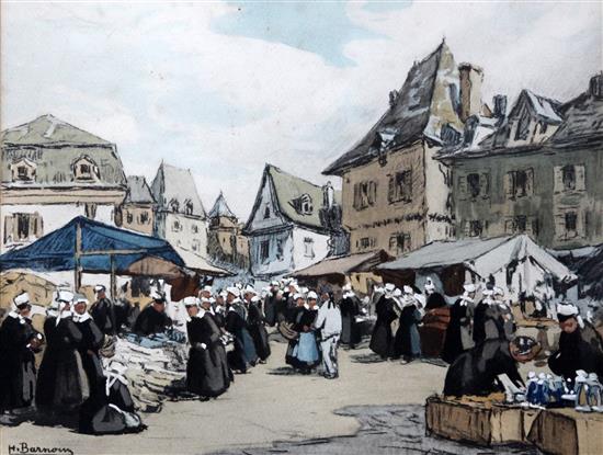 Henri Alphonse Barnoin (1882-1935), Breton market scene, watercolour and gouache